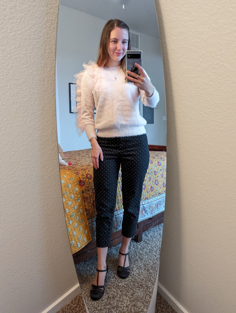 pink-tulle-sweater-polka-dot-pants-black-tstrap-heels