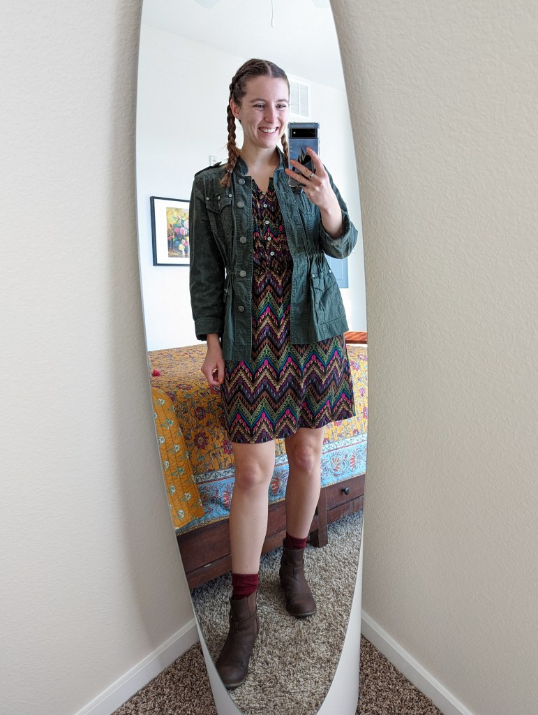 brown-patterned-dress-utility-jacket-olive-green-brown-booties