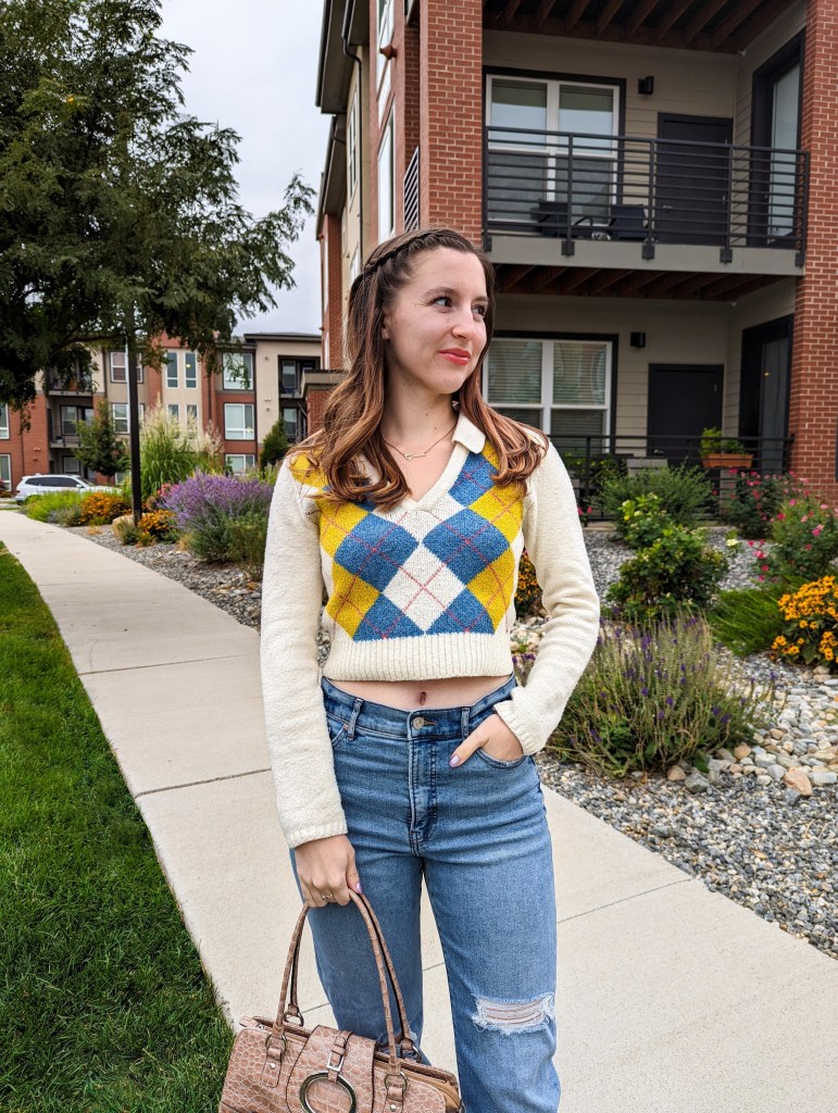 argyle-sweater-fall-fashion-patent-leather-shoulder-bag-thrifted