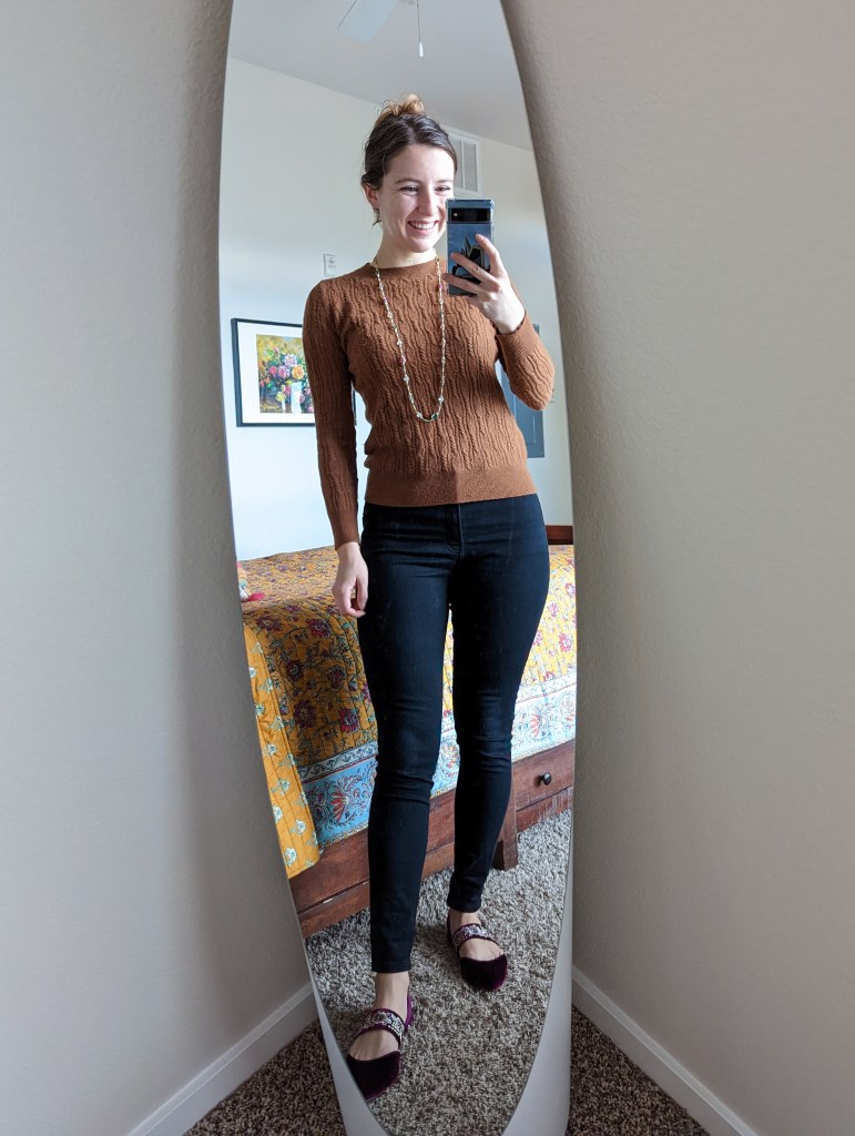 brown-cableknit-sweater-black-skinny-jeans-velvet-flats