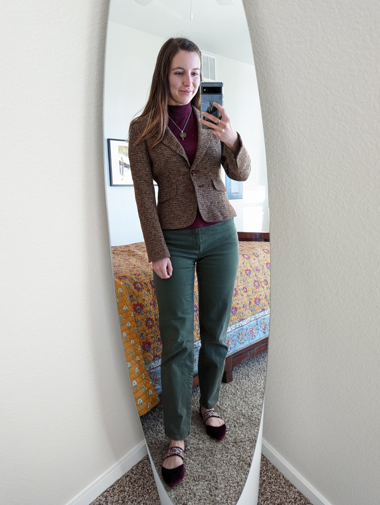 brown-tweed-blazer-maroon-mockneck-top-olive-green-pants-velvet-flats
