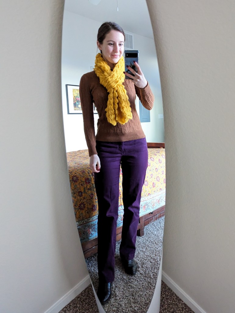 mustard-scarf-brown-cableknit-sweater-banana-republic-purple-pants