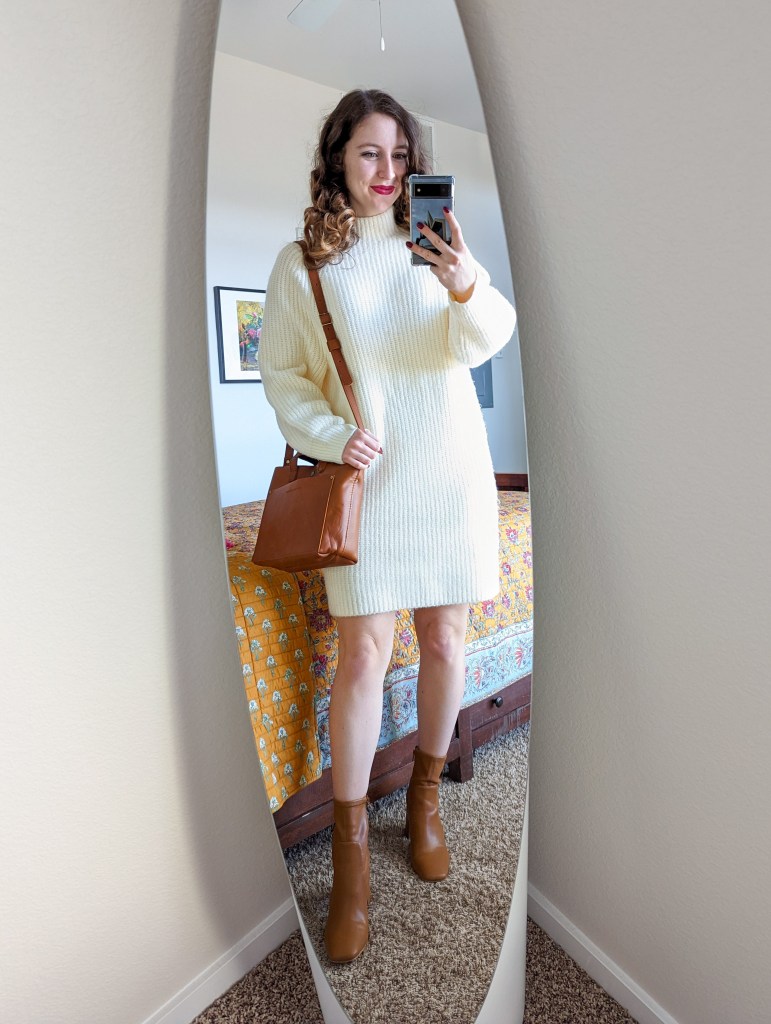 cream-sweater-dress-brown-midcalf-booties-express-portland-leather-goods-purse