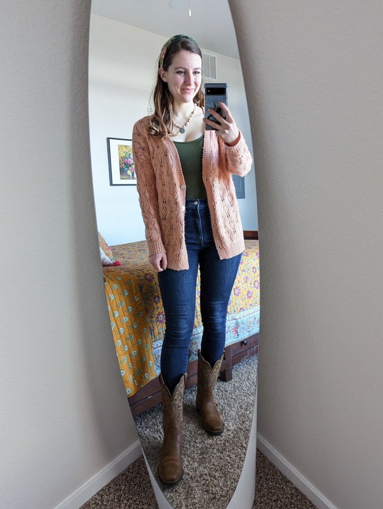 olive-green-bodysuit-francescas-peach-cardigan-skinny-jeans-cowgirl-boots-embroidered-headband