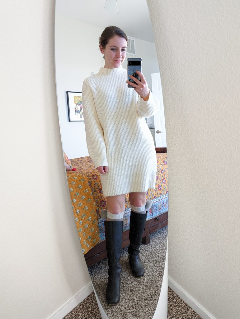 white-sweater-dress-express-black-knee-boots-knee-socks