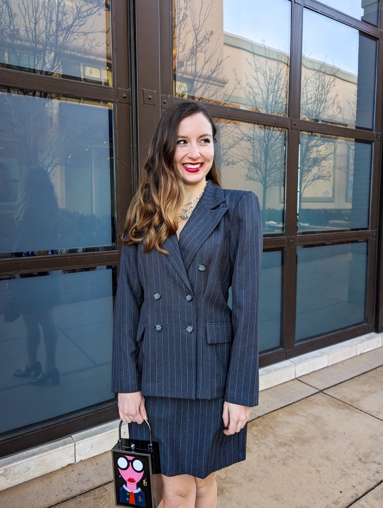 berry-lipstick-pinstripe-skirt-suit-secondhand-style-double-breasted-blazer