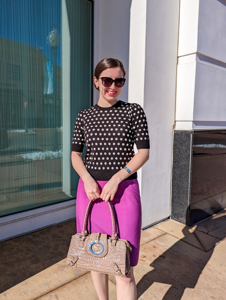 polka-dot-sweater-magenta-skirt-black-sunglasses