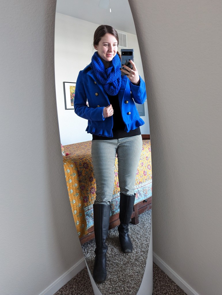 cobalt-blue-peacoat-francescas-scarf-houndstooth-pants-black-boots