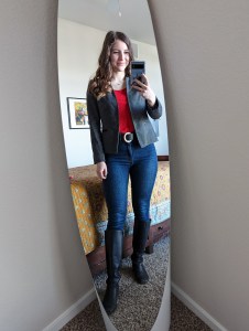 red-blouse-skinny-jeans-black-knee-boots-grey-blazer