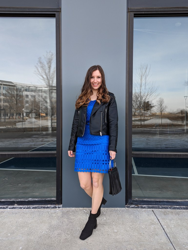 thrifted-dress-secondhand-style-blue-cobalt-dress-black-leather-jacket-black-booties