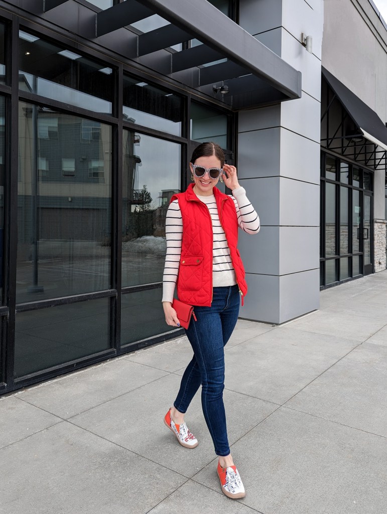 skinny-jeans-red-quilted-vest-striped-sweater-london-shoes-uin-footwear