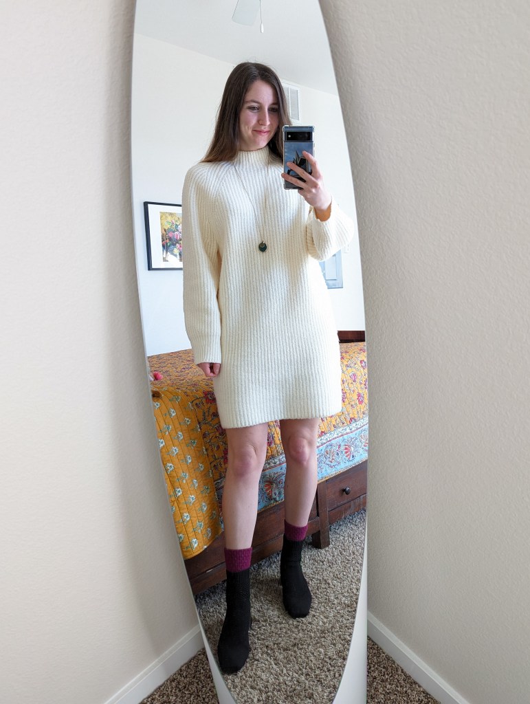 off-white-sweater-dress-express-mock-neck-black-vivaia-booties
