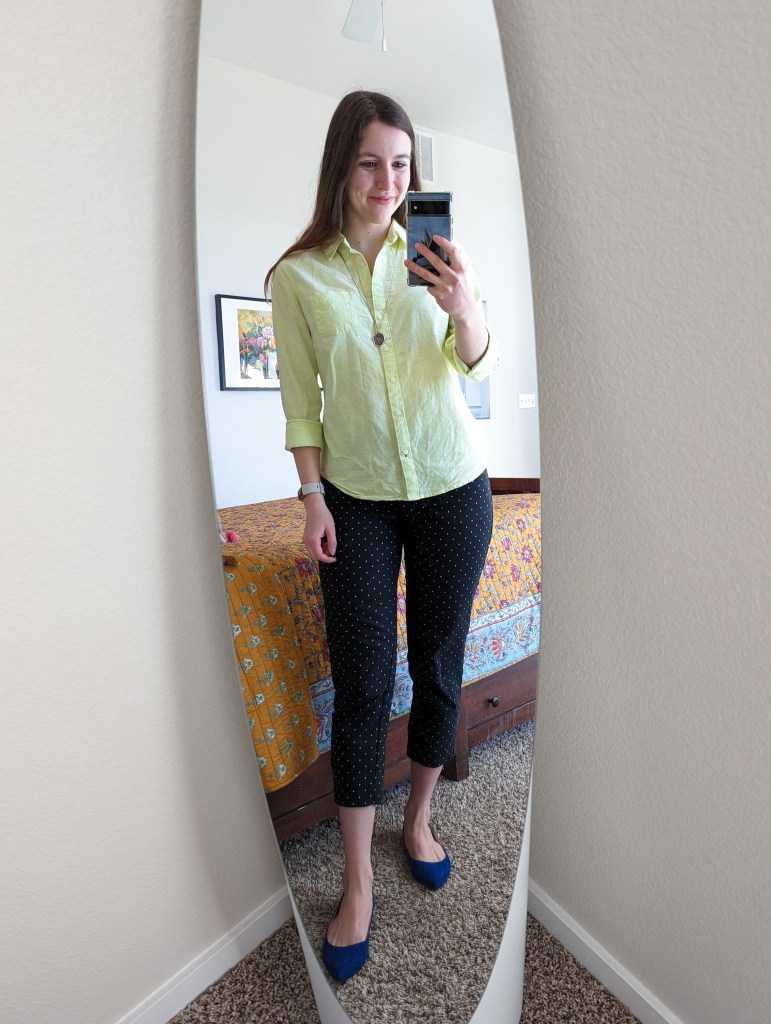 lime-green-collared-blouse-polka-dot-trousers-blue-flats