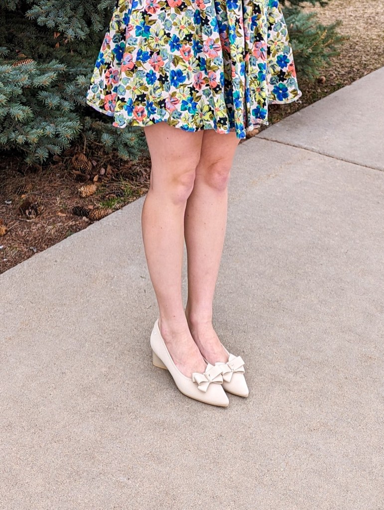 nude-bow-heels-detachable-shoe-clips-vivaia-floral-dress