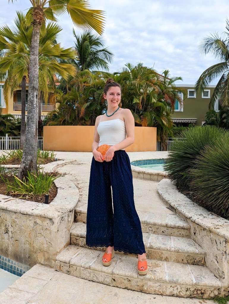 orange-beaded-purse-thrifted-wedges-palazzo-pants-summer-outfit