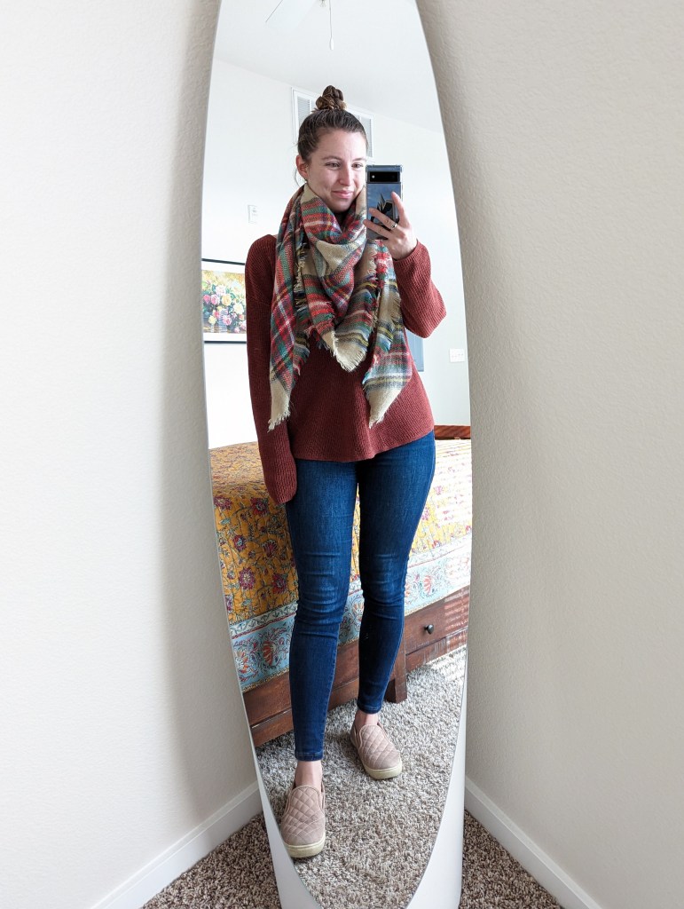rust-colored-sweater-plaid-blanket-scarf-skinny-jeans
