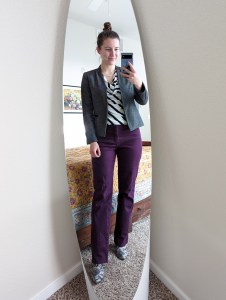 work-outfit-striped-cowl-grey-blazer-purple-pants-snakeskin-boots