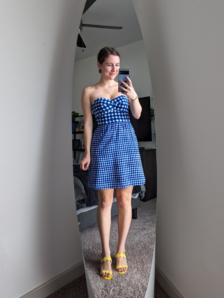 blue-white-gingham-strapless-dress-thrifted-yellow-heels