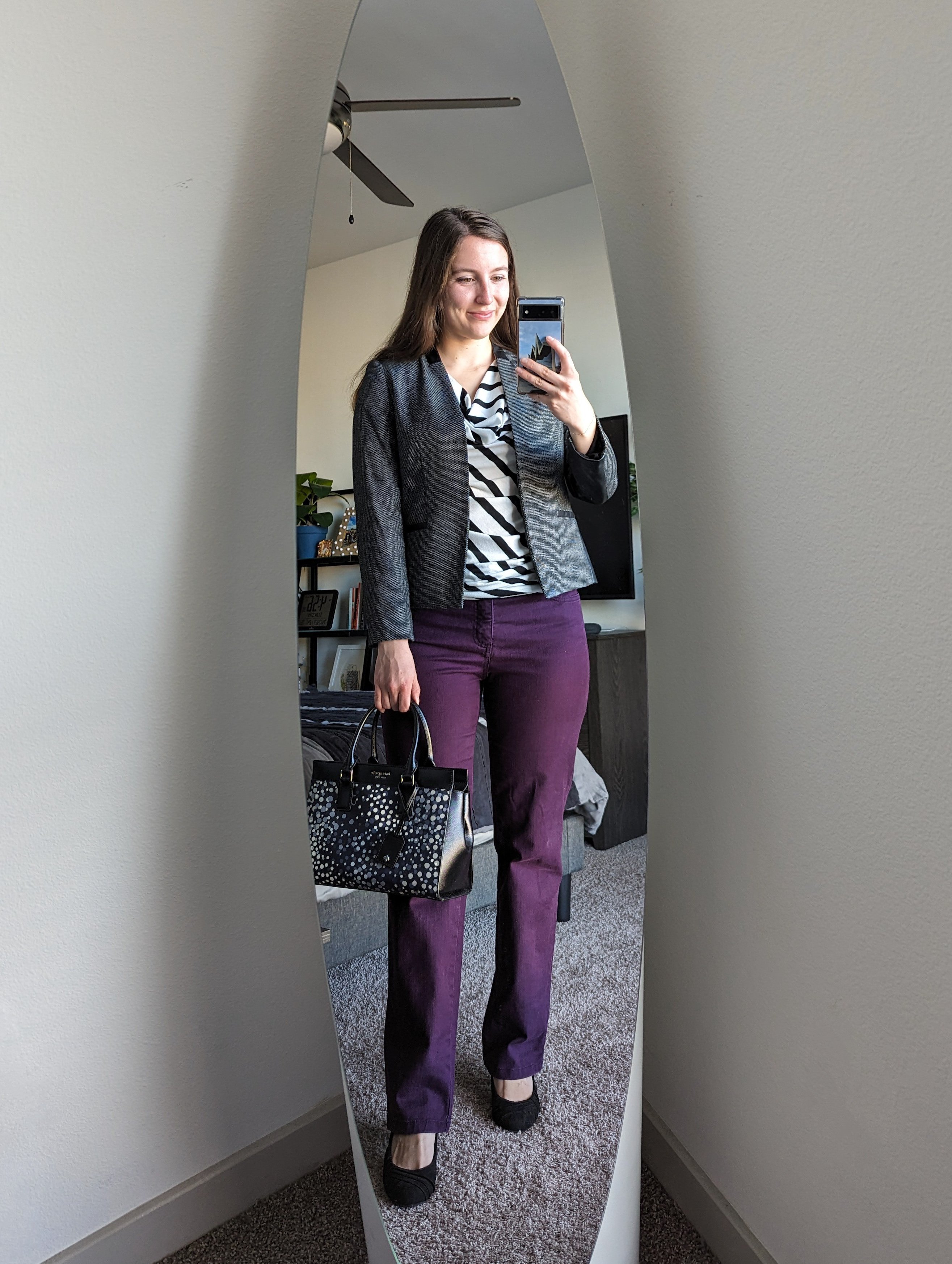 black-white-stripe-cowl-blouse-grey-blazer-purple-pants-dotted-kate-spade-handbag-black-heels