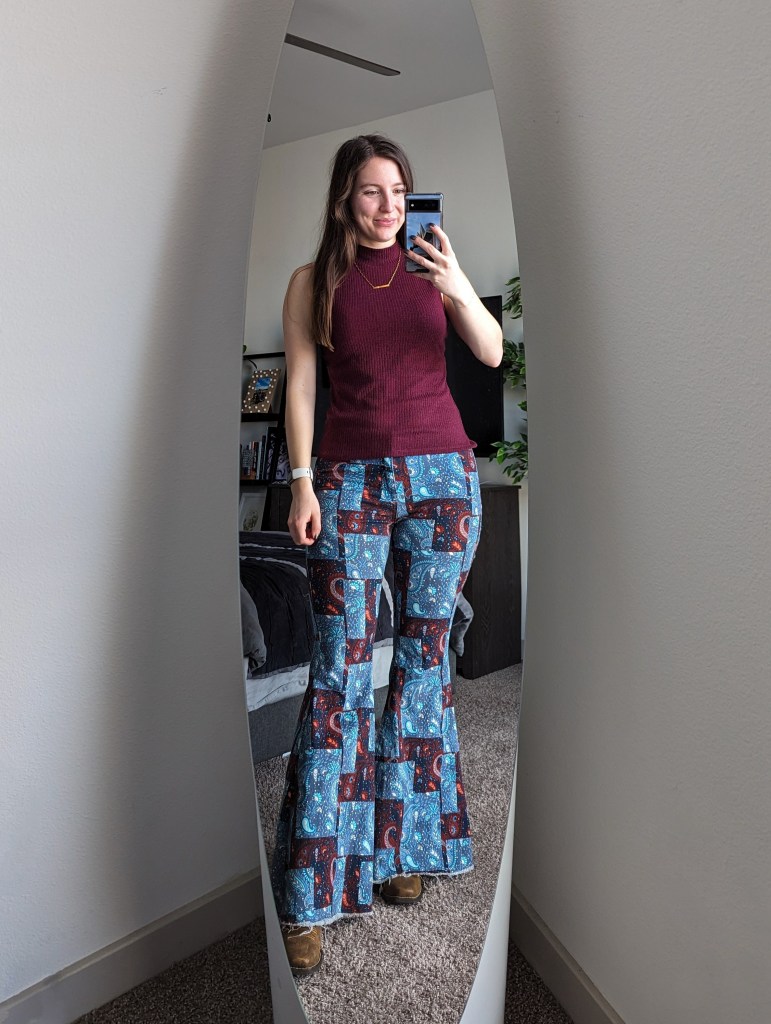 maroon-mockneck-top-patterned-pants-flared-jeans-cavenders-ariat-cowgirl-boots