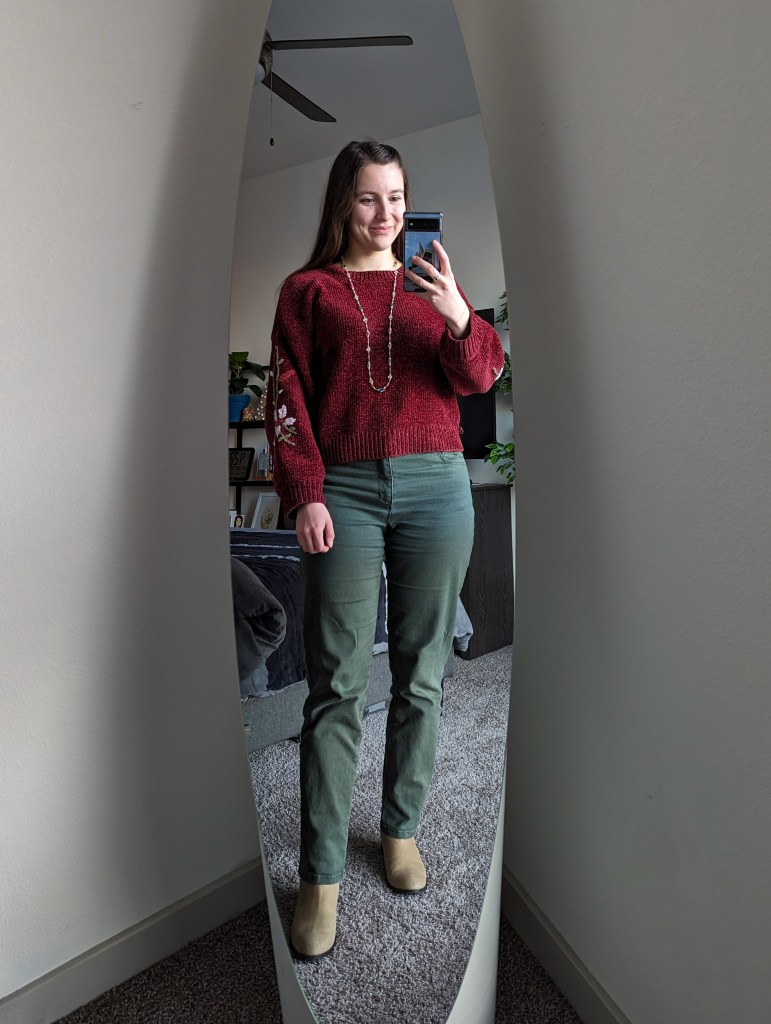 maroon-embroidered-sweater-olive-green-pants-taupe-booties