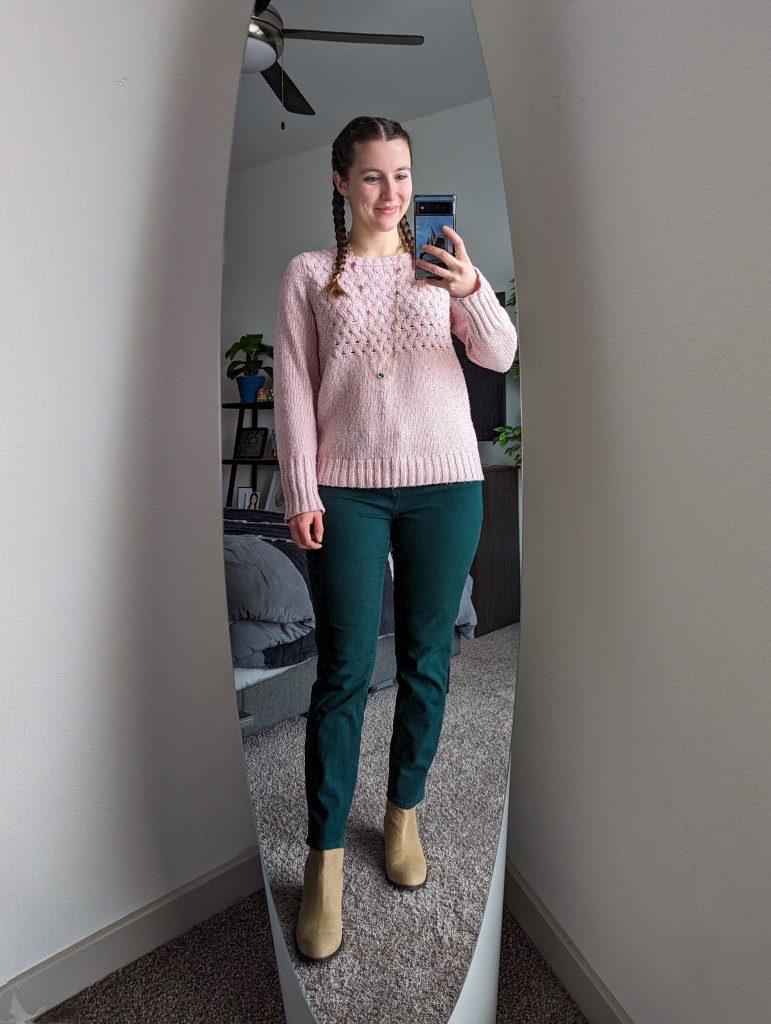 pink-sweater-green-pants-beige-booties-winter-outfit-sweater-weather