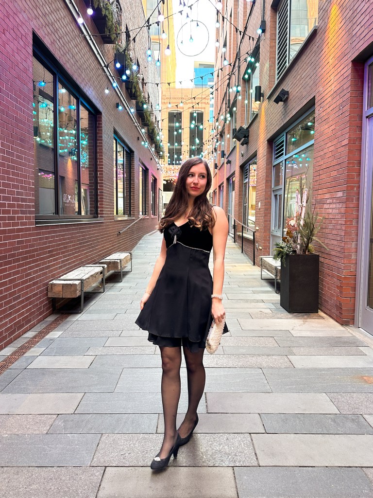 A little black skater dress and a green winter jacket - Fashion Tights