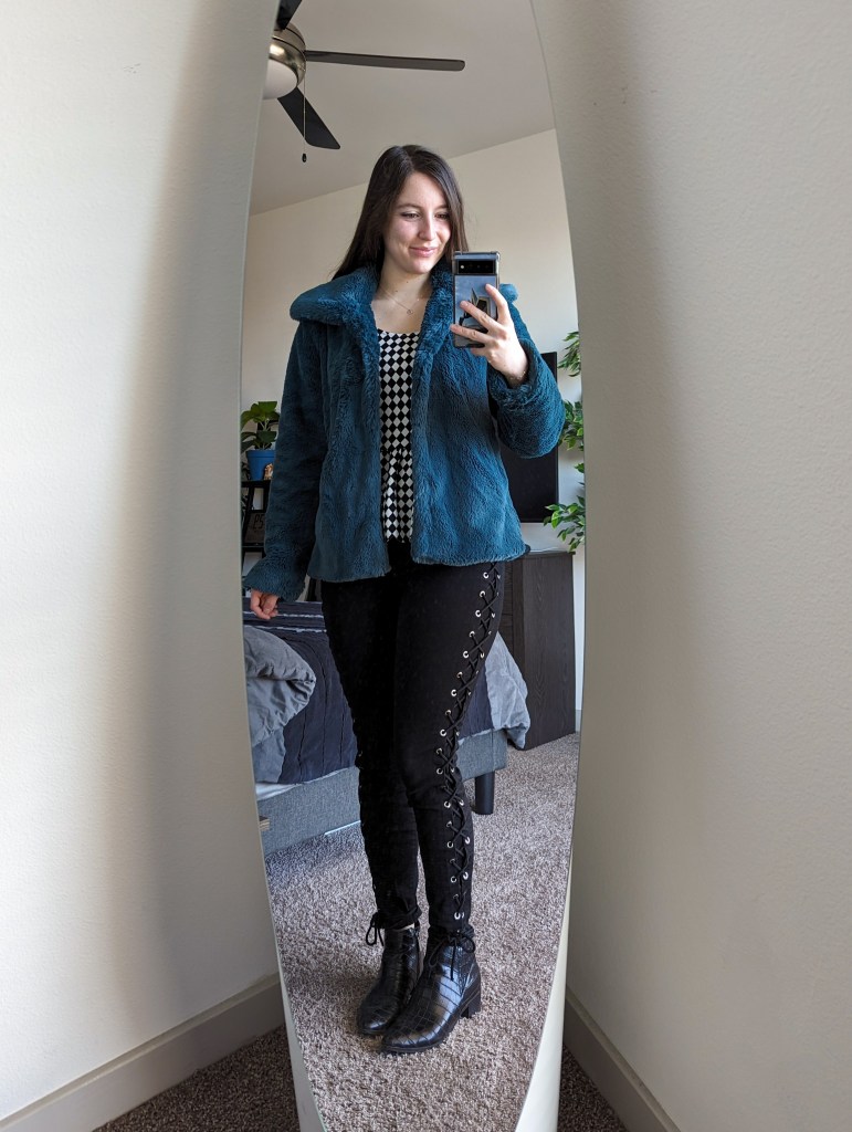 checkered-top-teal-faux-fur-jacket-black-lace-up-pants