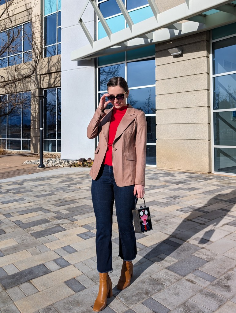 red-blouse-cropped-flared-jeans-face-purse-clara-sunwoo-winter-work-outfit