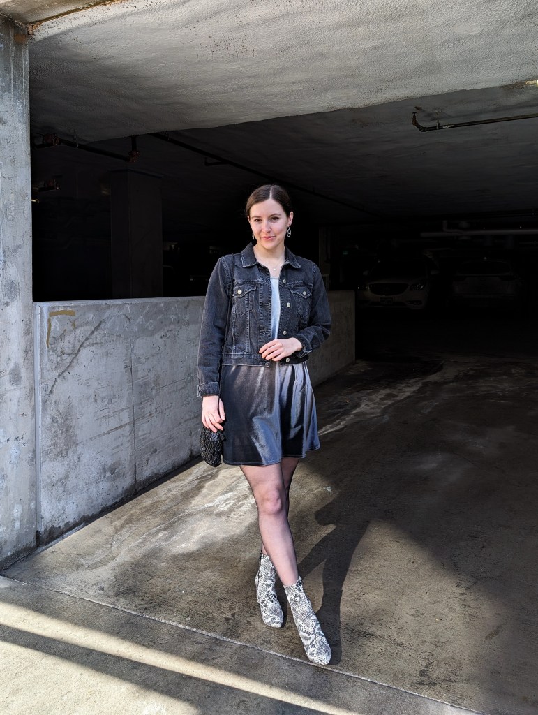 thrifted-dress-black-denim-jacket-snakeskin-booties-winter-date-night-outfit