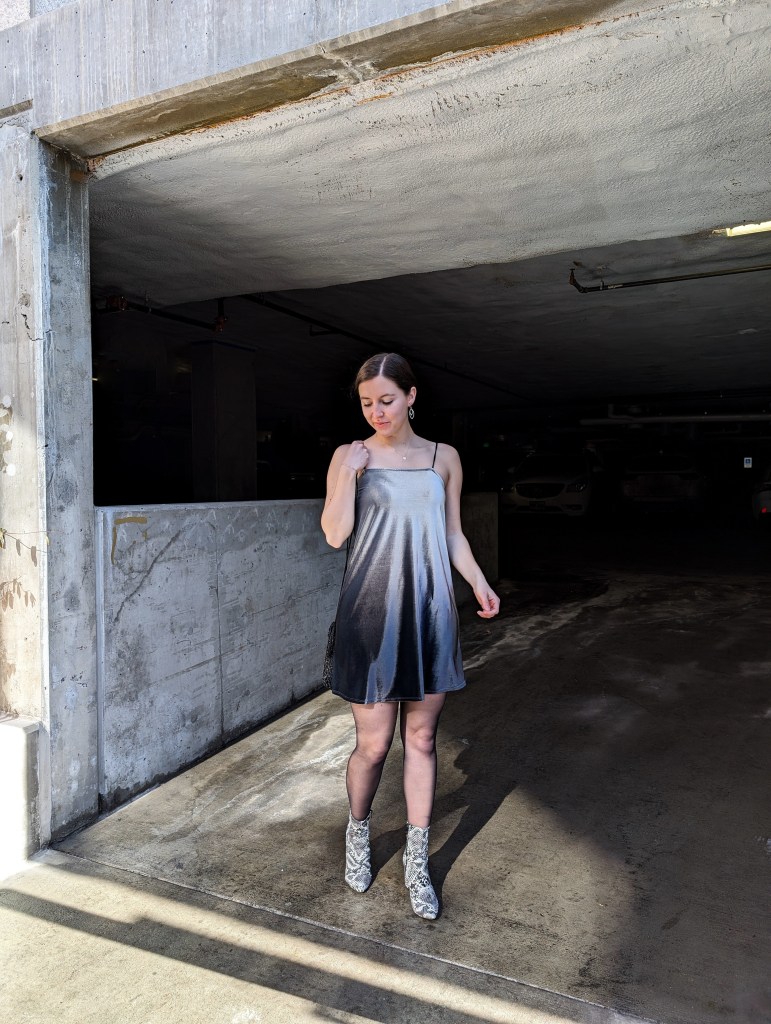 silver-dress-thrifted-secondhand-style-snakeskin-booties-tights