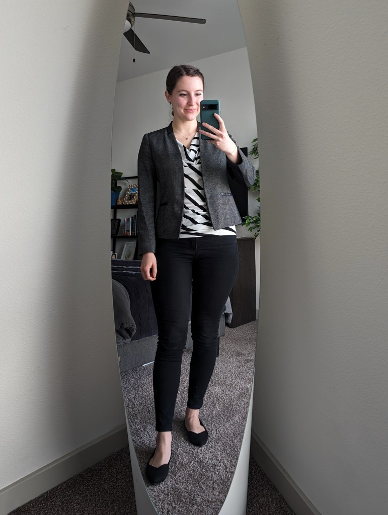 striped-cowl-grey-blazer-black-skinny-jeans-rothys-work-outfit