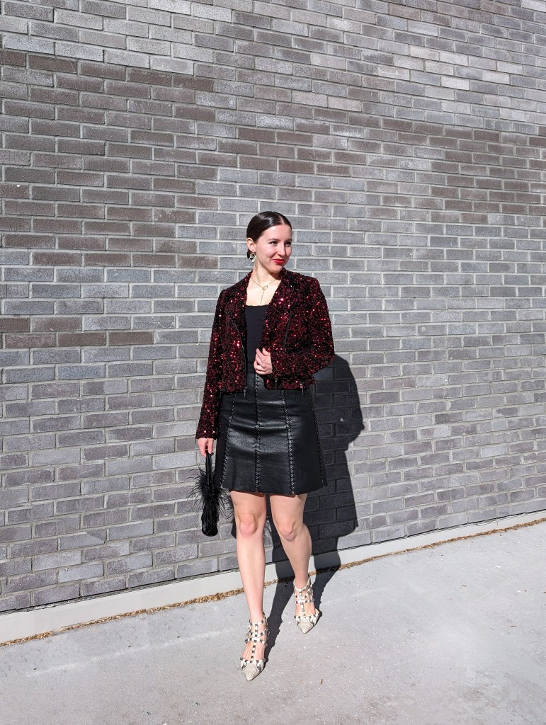 black-leather-skirt-scout-and-molly-boutique-red-sequin-jacket-white-house-black-market