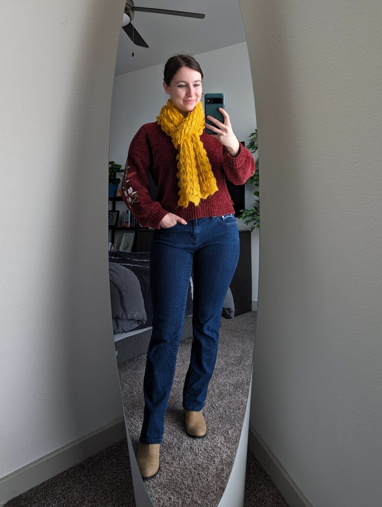 maroon-sweater-yellow-scarf-jeans-beige-booties