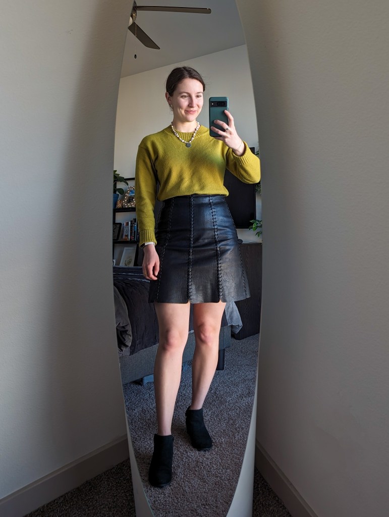 banana-republic-sweater-chartreuse-black-leather-skirt-black-booties
