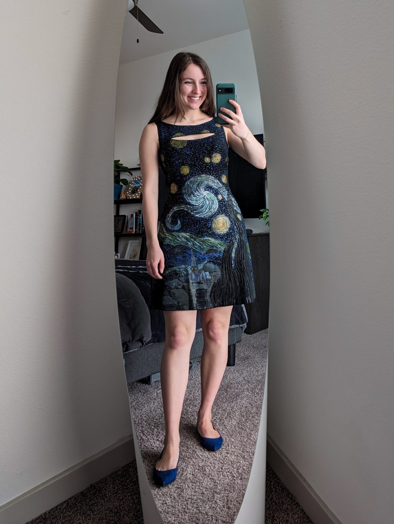 thrifted-dress-starry-night-painting-print-blue-flats-date-night
