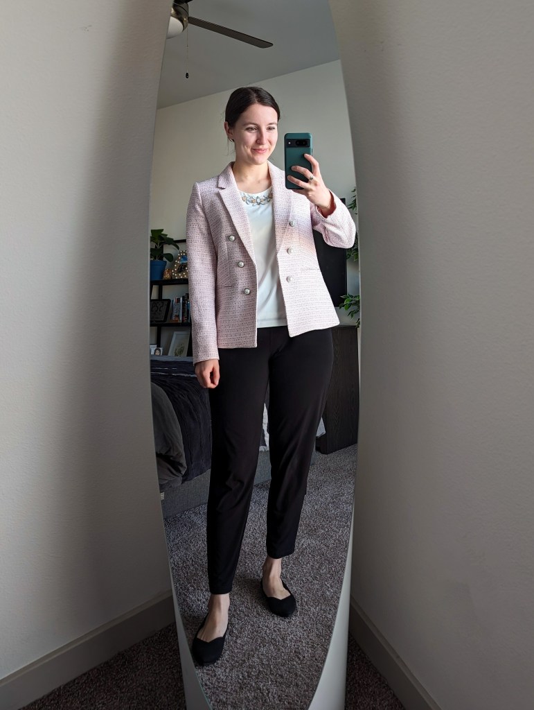pink-tweed-blazer-pearl-buttons-white-thrifted-blouse-black-pants-clara-sunwoo-rothys-flats