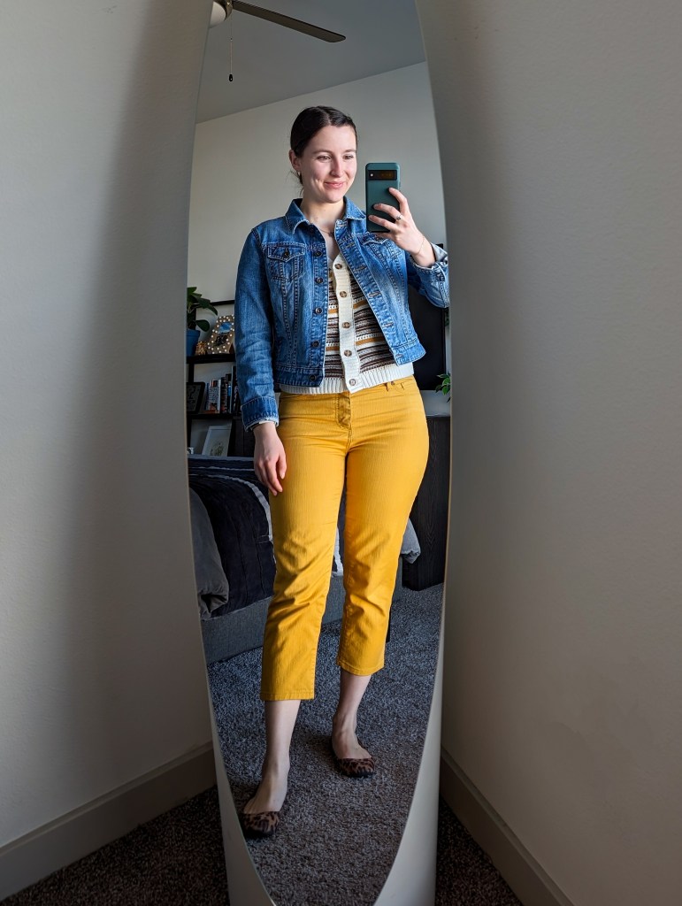 striped-sweater-denim-jacket-yellow-pants-leopard-flats