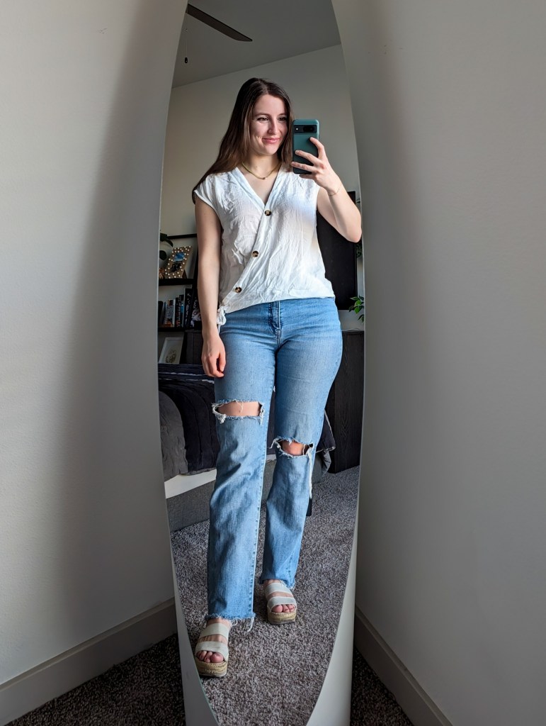 white-hand-me-down-blouse-ripped-straight-leg-jeans-white-sandals