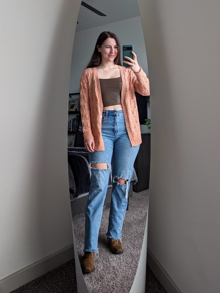 brown pleather crop top going out look express peach cardigan ripped straight leg jeans cowgirl boots line dancing outfit