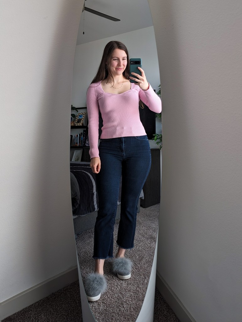 pink ribbed sweater old navy cropped flared jeans express grey fluffy sneakers steve madden