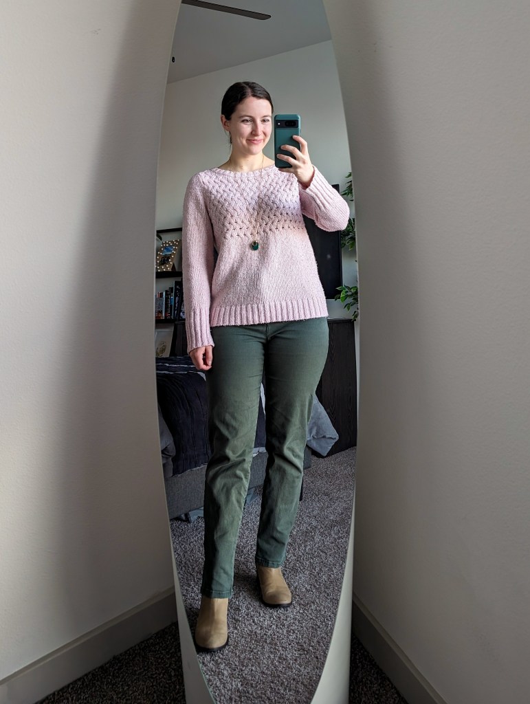 pink sweater olive green pants beige booties
